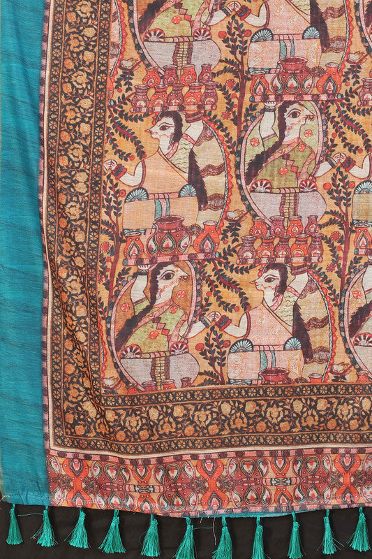 Blue Cotton Blend Printed Kalamkari Saree with Unstitched Blouse - Hiral Fashion | Swadesiicart