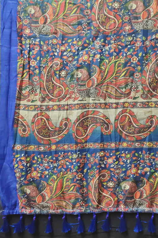 Blue Cotton Blend Printed Kalamkari Saree with Unstitched Blouse - Hiral Fashion | Swadesiicart