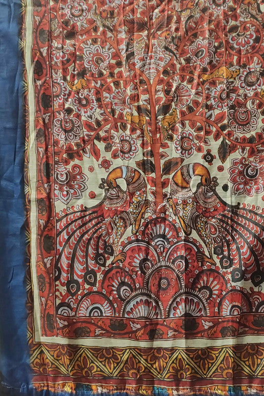 Blue Cotton Blend Printed Kalamkari Swadesiicart with Unstitched Blouse - Hiral Fashion