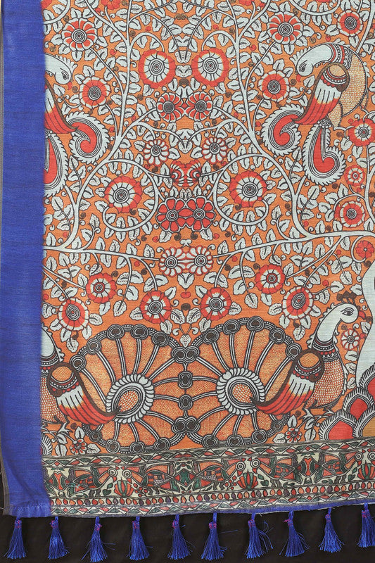 Blue Cotton Blend Printed Kalamkari Saree with Unstitched Blouse - Hiral Fashion | Swadesiicart