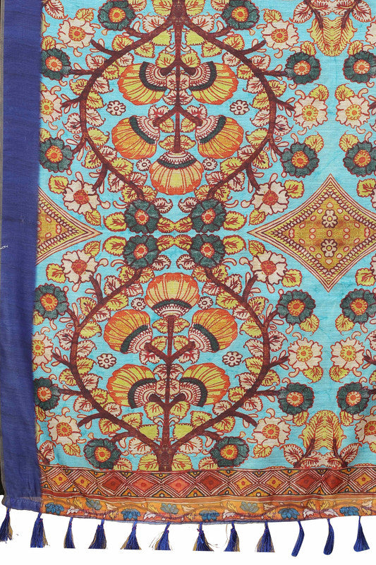 Blue Cotton Blend Printed Kalamkari Saree with Unstitched Blouse - Hiral Fashion | Swadesiicart