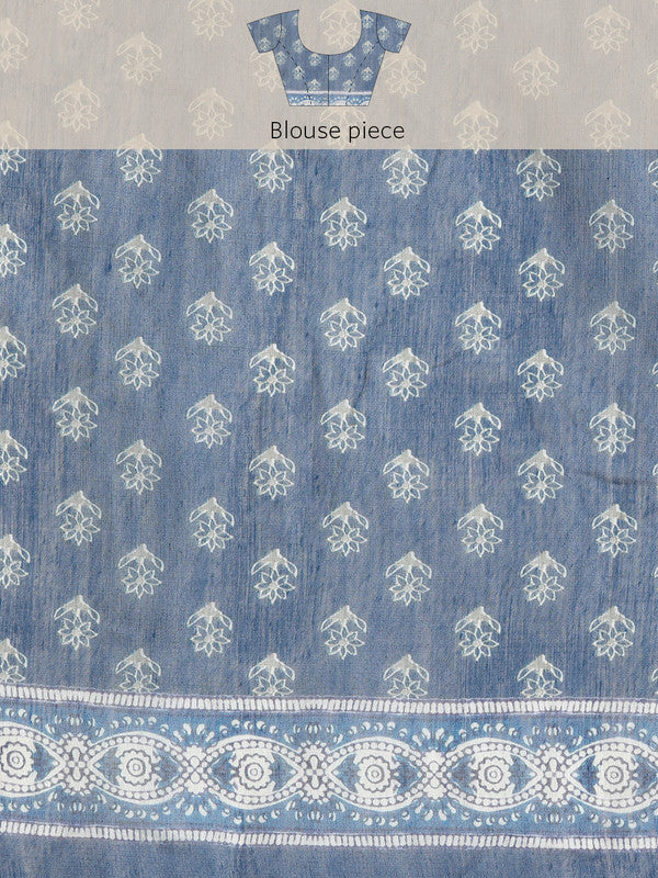 Blue Cotton Blend Printed Dabu Saree with Unstitched Blouse - Hiral Fashion | Swadesiicart
