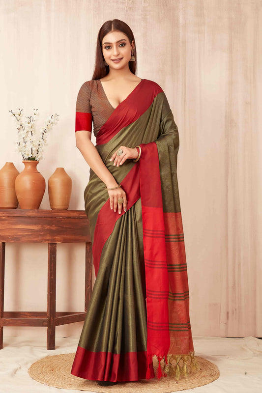 Hiral Fashion Olive Banarasi Soft Silk Solid Saree | Swadesiicart