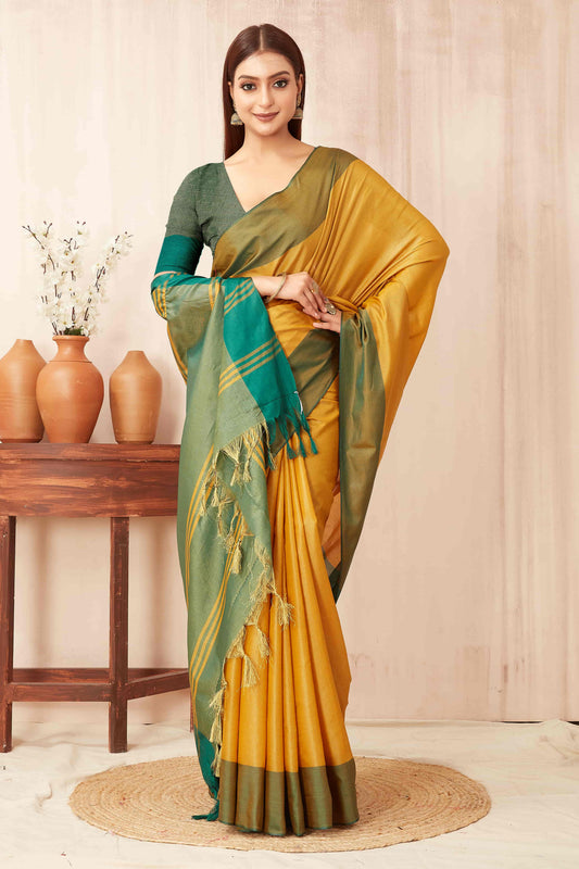 Hiral Fashion Yellow Banarasi Soft Silk Solid Saree | Swadesiicart