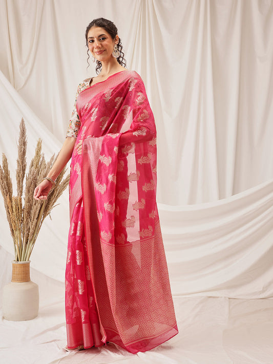 Hiral Fashion Pink Banarasi Organza Silk Floral Woven Design Saree | Swadesiicart