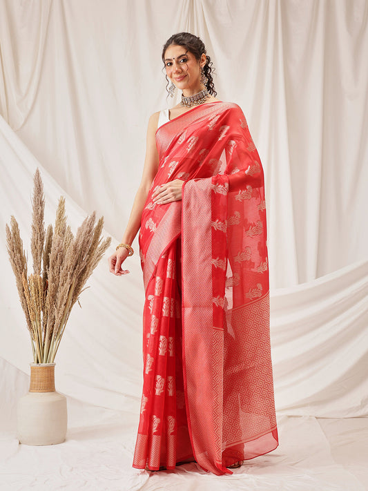 Hiral Fashion Red Banarasi Organza Silk Floral Woven Design Saree | Swadesiicart