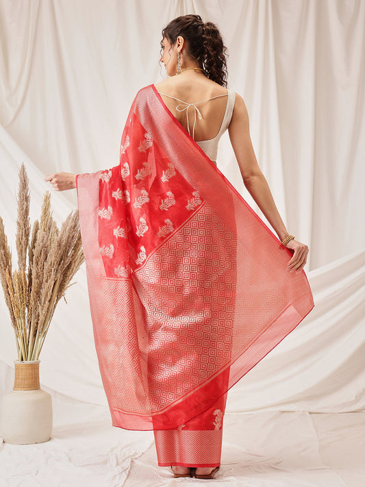 Hiral Fashion Red Banarasi Organza Silk Floral Woven Design Saree | Swadesiicart