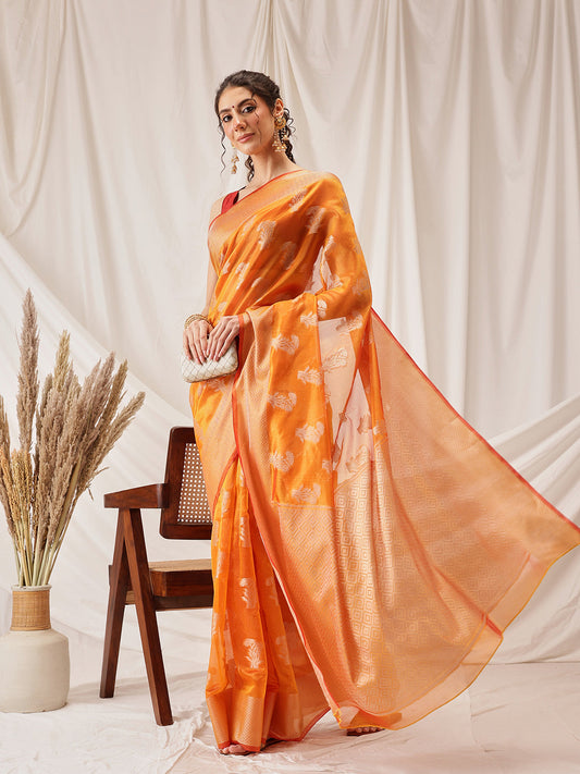 Hiral Fashion Yellow Banarasi Organza Silk Floral Woven Design Saree | Swadesiicart