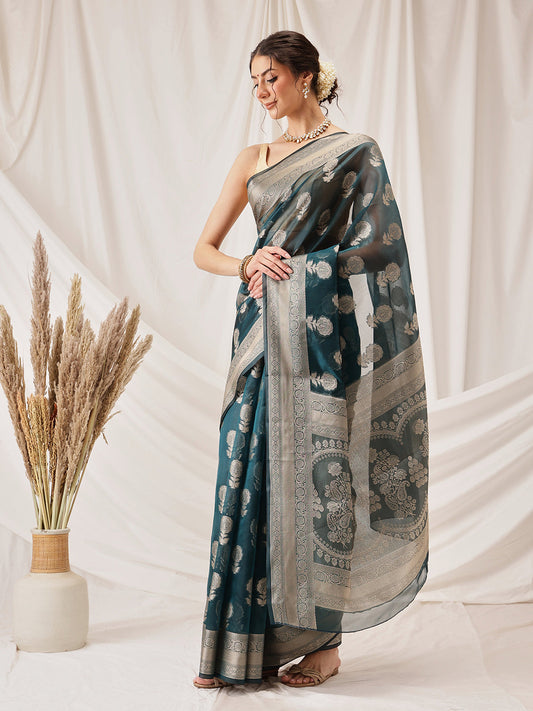 Hiral Fashion Teal Banarasi Organza Silk Floral Woven Design Saree | Swadesiicart