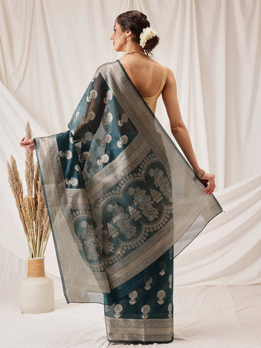 Hiral Fashion Teal Banarasi Organza Silk Floral Woven Design Saree | Swadesiicart