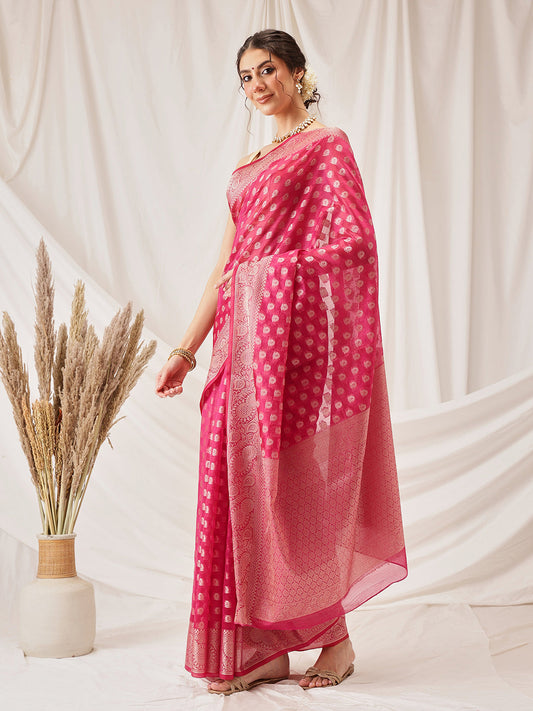 Hiral Fashion Pink Banarasi Organza Silk Floral Woven Design Saree | Swadesiicart
