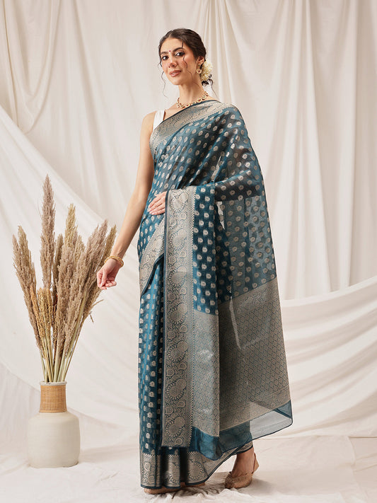 Hiral Fashion Teal Banarasi Organza Silk Floral Woven Design Saree | Swadesiicart