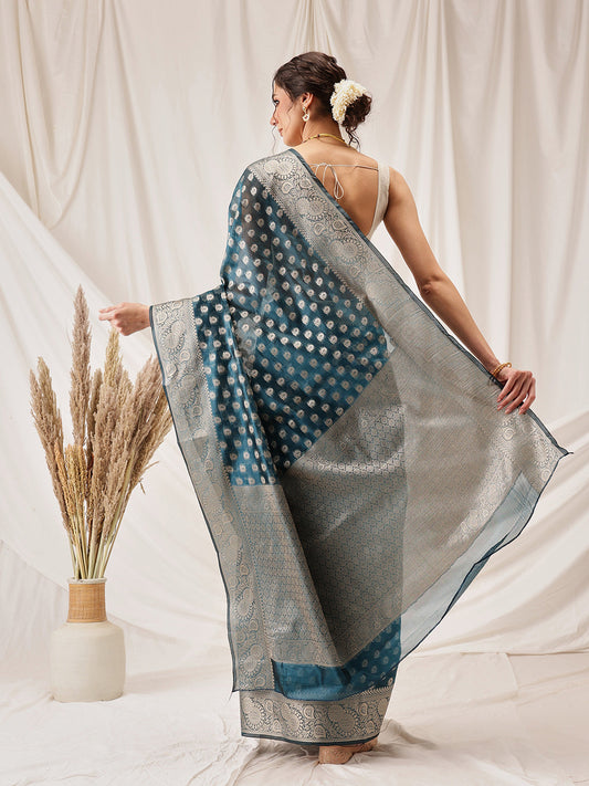Hiral Fashion Teal Banarasi Organza Silk Floral Woven Design Saree | Swadesiicart