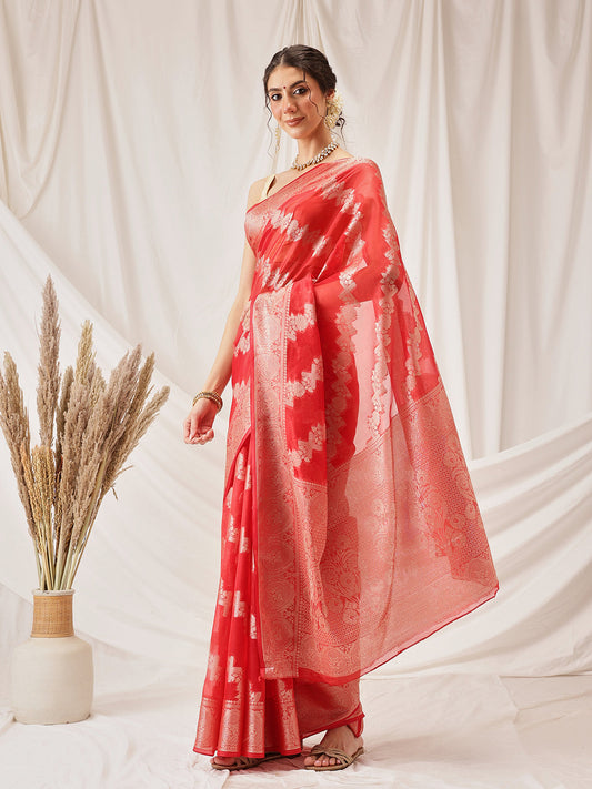 Hiral Fashion Red Banarasi Organza Silk Lahariya Woven Design Saree | Swadesiicart