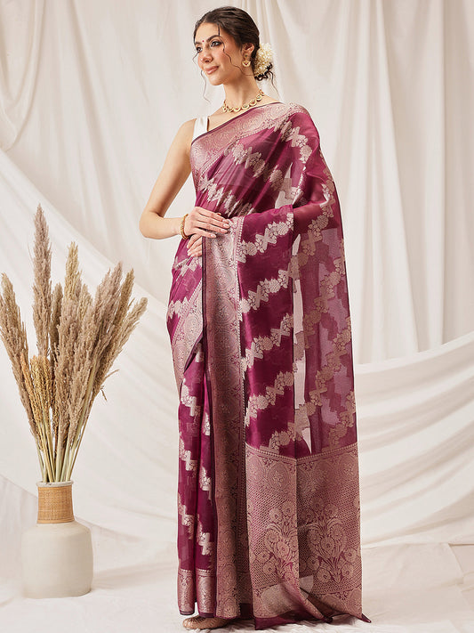 Hiral Fashion Purple Banarasi Organza Silk Lahariya Woven Design Saree | Swadesiicart