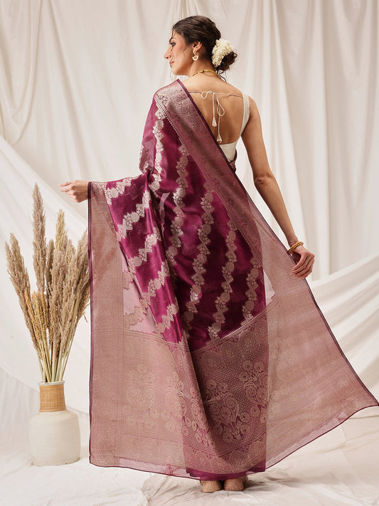 Hiral Fashion Purple Banarasi Organza Silk Lahariya Woven Design Saree | Swadesiicart