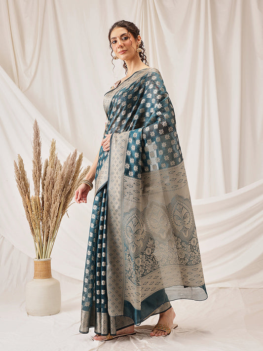 Hiral Fashion Teal Banarasi Organza Silk Floral Woven Design Saree | Swadesiicart