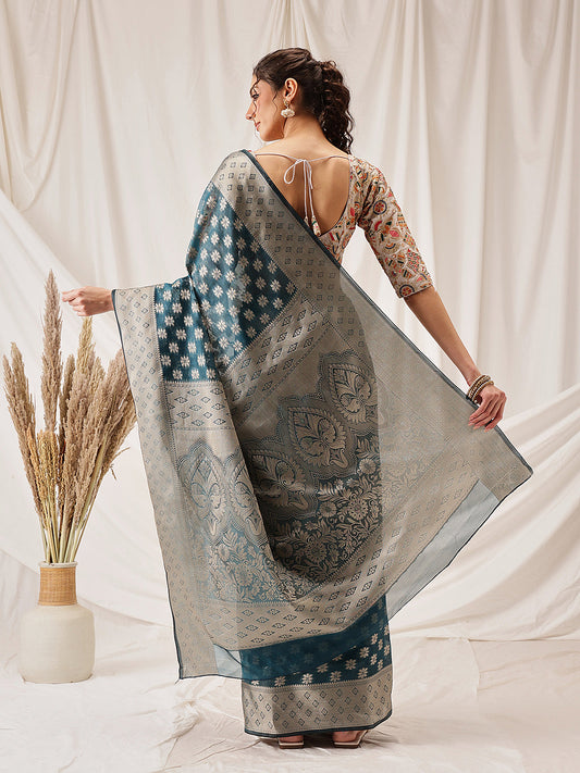 Hiral Fashion Teal Banarasi Organza Silk Floral Woven Design Saree | Swadesiicart