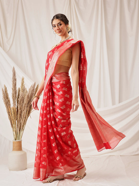 Hiral Fashion Red Banarasi Organza Silk Abstract Woven Design Saree | Swadesiicart