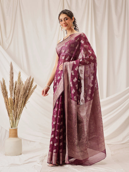Hiral Fashion Purple Banarasi Organza Silk Abstract Woven Design Saree | Swadesiicart