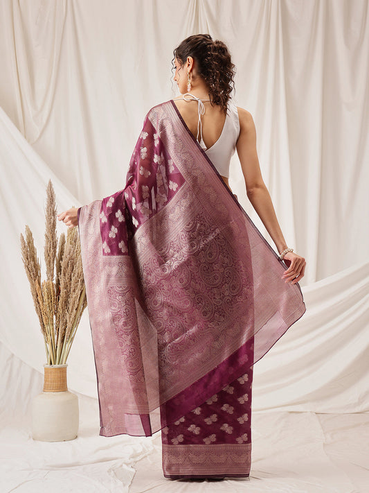 Hiral Fashion Purple Banarasi Organza Silk Abstract Woven Design Saree | Swadesiicart