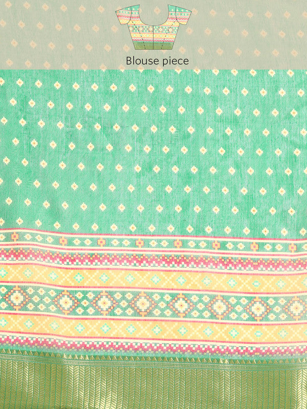 Green Silk Cotton Printed Geomatric Saree with Unstitched Blouse - Hiral Fashion | Swadesiicart