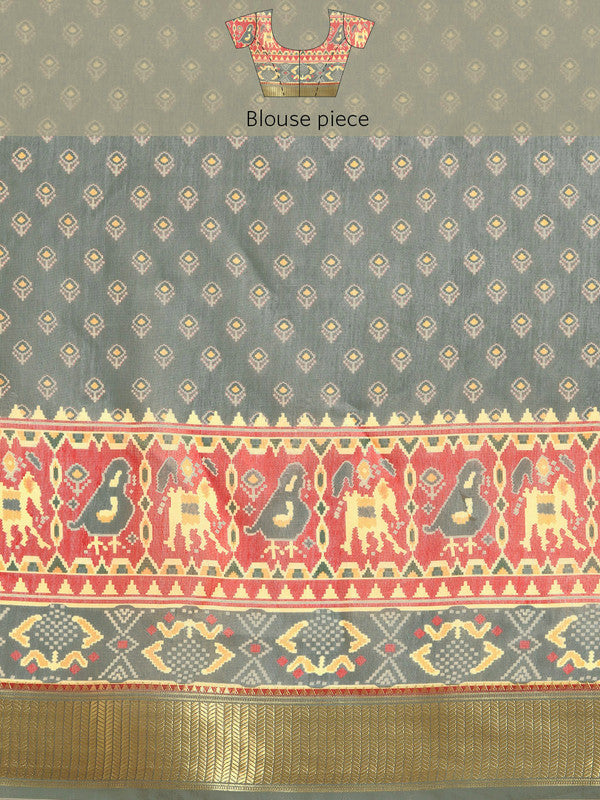 Gray Silk Cotton Printed Striped Swadesiicart with Unstitched Blouse - Hiral Fashion