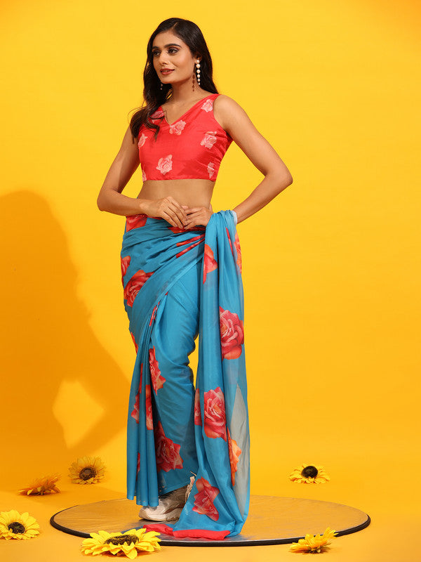 Blue Silk Blend Printed Floral Saree with Unstitched Blouse - Hiral Fashion | Swadesiicart