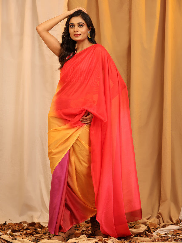 Multicolor Silk Blend Printed Solid Saree with Unstitched Blouse - Hiral Fashion | Swadesiicart