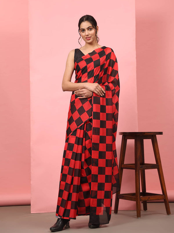 Red Silk Blend Printed Striped Saree with Unstitched Blouse - Hiral Fashion | Swadesiicart