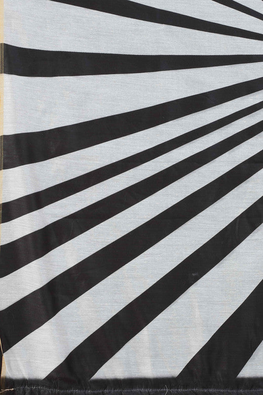 Black Cotton Blend Printed Striped Saree with Unstitched Blouse - Hiral Fashion | Swadesiicart