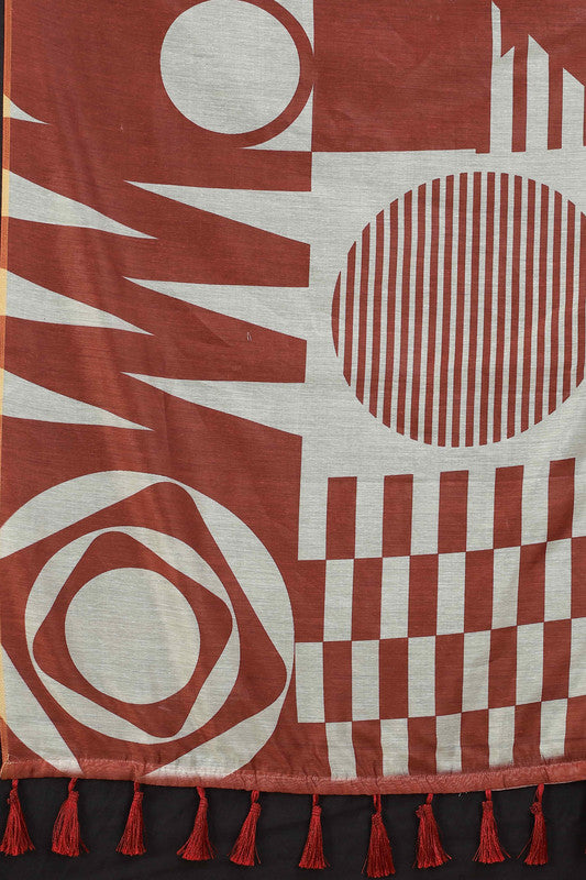 Maroon Cotton Blend Printed Geomatric Saree with Unstitched Blouse - Hiral Fashion | Swadesiicart