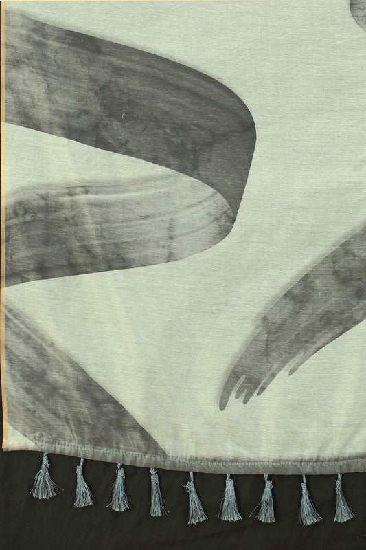 White Cotton Blend Printed Striped Saree with Unstitched Blouse - Hiral Fashion | Swadesiicart