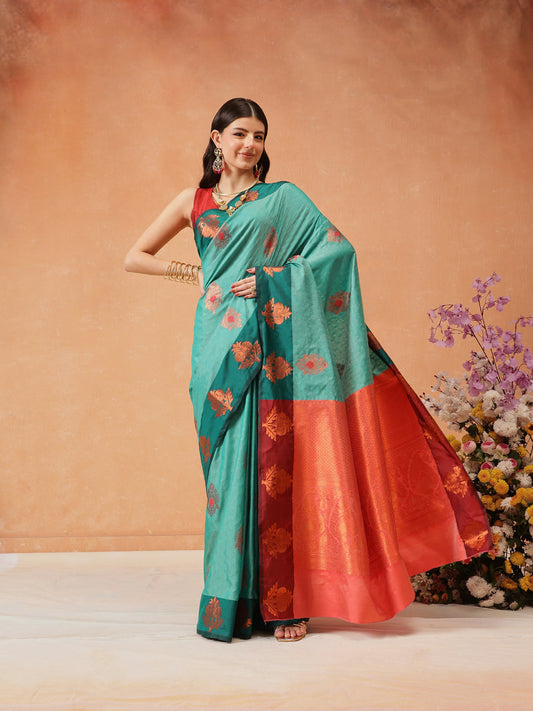 Hiral Fashion Turquoise Blue Banarasi Silk Floral Woven Design Saree | Swadesiicart