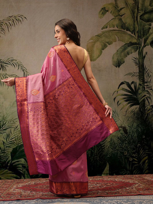 Hiral Fashion Pink Banarasi Silk Floral Woven Design Saree | Swadesiicart