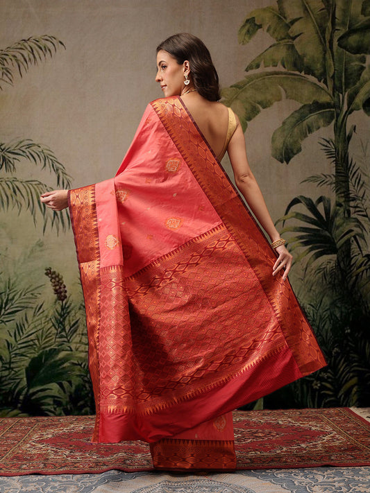Hiral Fashion Peach Banarasi Silk Floral Woven Design Saree | Swadesiicart