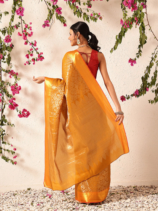 Hiral Fashion Mustard Kanjeevaram Banarasi Silk Ikkat Woven Design Saree | Swadesiicart