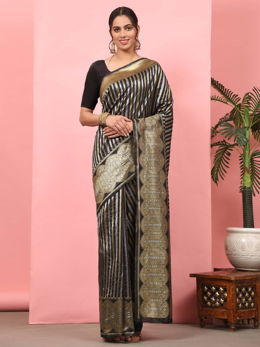 Hiral Fashion Black Banarasi Art Silk Striped Zari Woven Saree | Swadesiicart