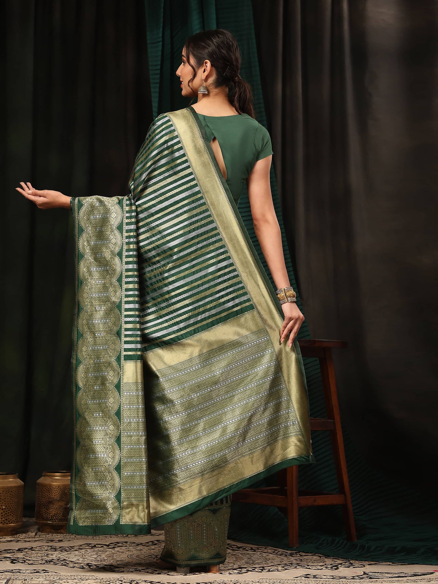 Hiral Fashion Green Banarasi Art Silk Striped Zari Woven Saree | Swadesiicart