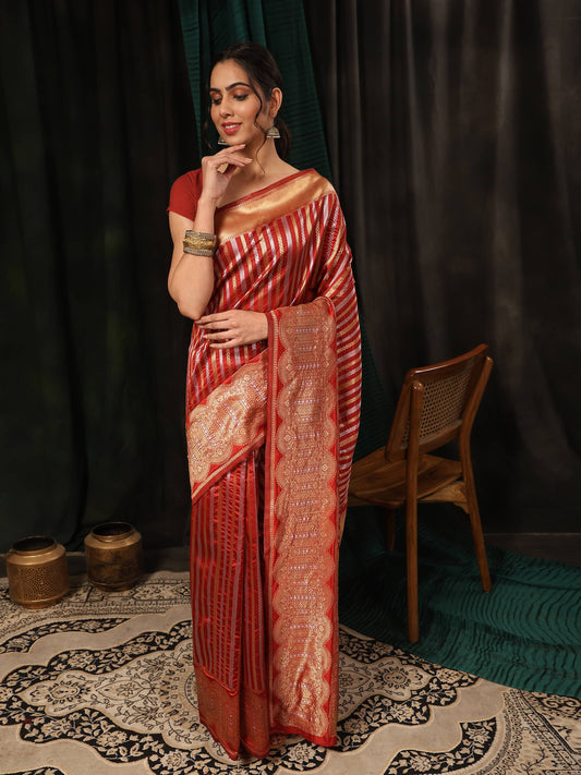 Hiral Fashion Red Banarasi Art Silk Striped Zari Woven Saree | Swadesiicart