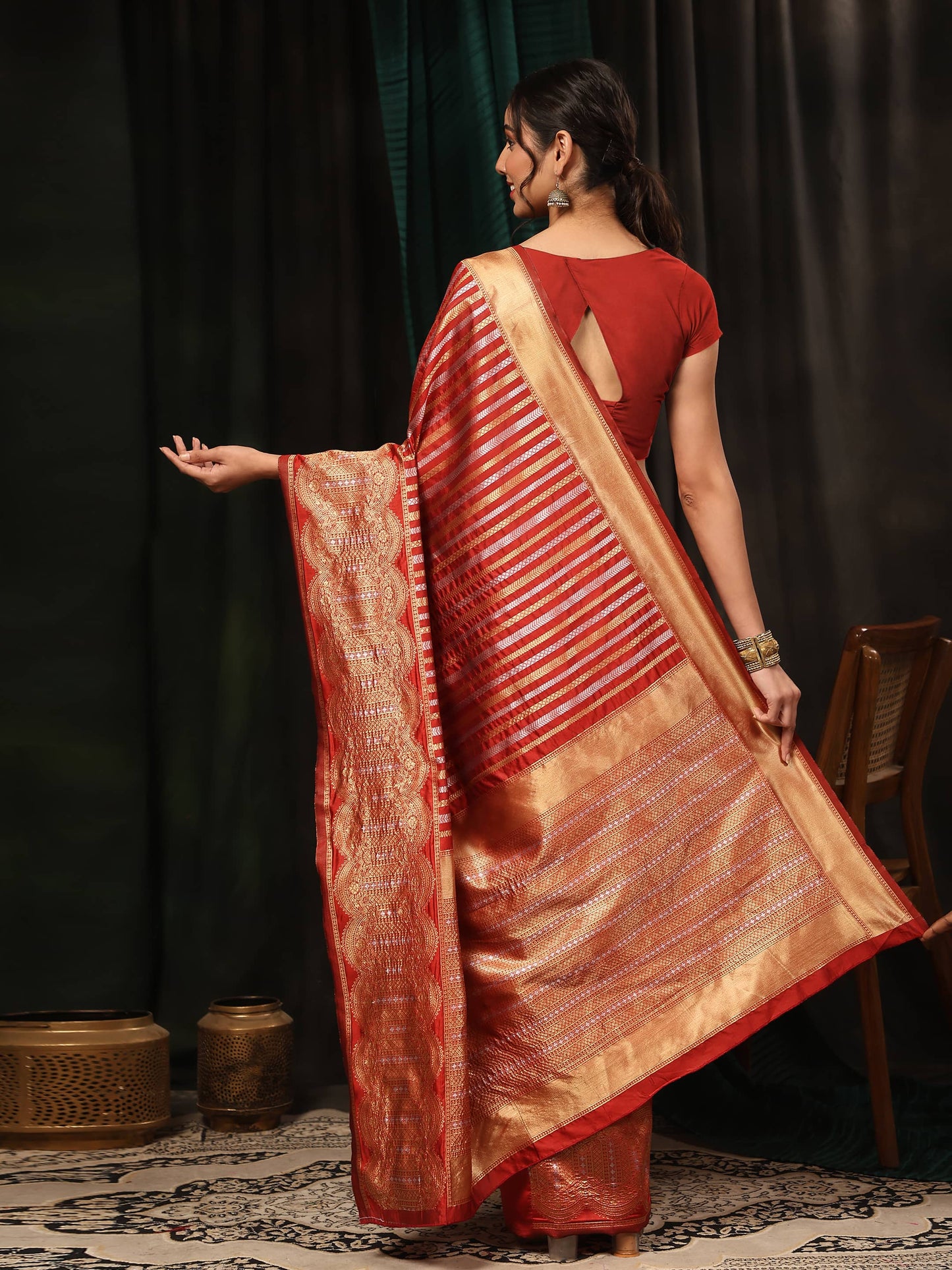 Hiral Fashion Red Banarasi Art Silk Striped Zari Woven Saree | Swadesiicart