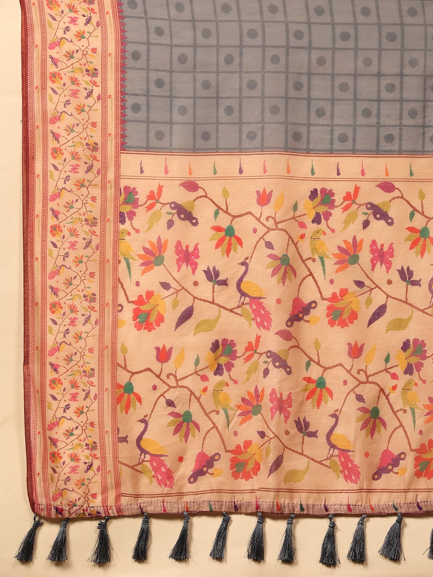 Hiral Fashion Grey Paithani Cotton Blend Geomatric Digital Printed Saree | Swadesiicart