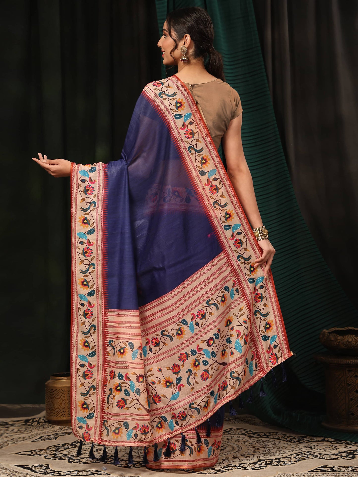 Hiral Fashion Navy Blue Paithani Cotton Blend Solid Digital Printed Swadesiicart