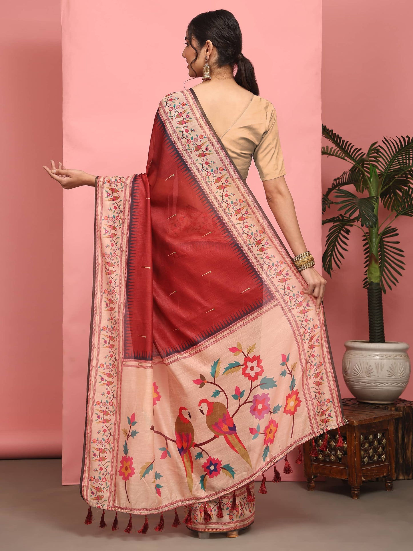 Hiral Fashion Red Paithani Cotton Blend Solid Digital Printed Saree | Swadesiicart