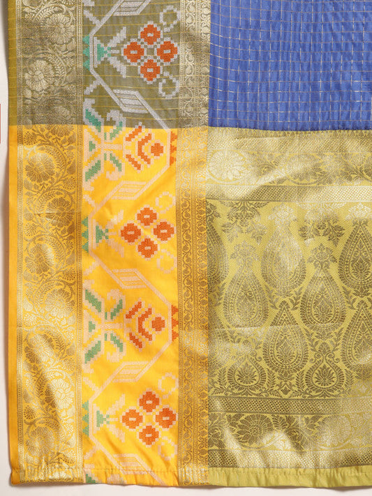 Blue Banarasi Silk Woven Zari Design Checked Saree with Unstitched Blouse - Hiral Fashion | Swadesiicart