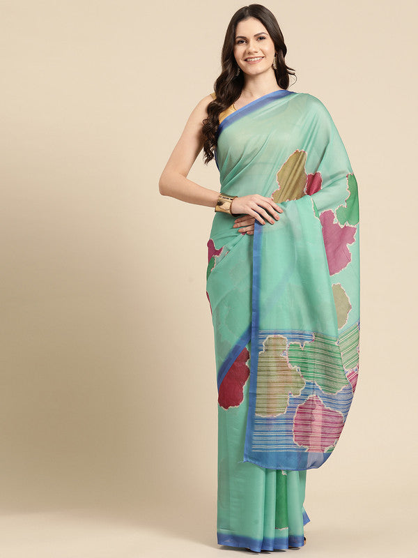 Green Silk Blend Printed Abstract Saree with Unstitched Blouse - Hiral Fashion | Swadesiicart