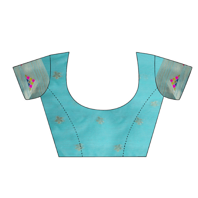 Turquoise Cotton Blend Woven Thread Floral Saree with Unstitched Blouse - Hiral Fashion | Swadesiicart