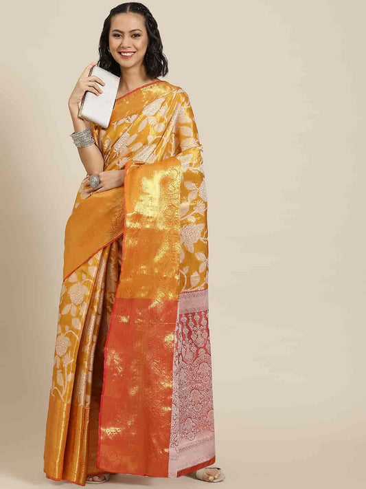 Hiral Fashion Orange Banarasi Tissue Silk Floral Zari Woven Saree | Swadesiicart