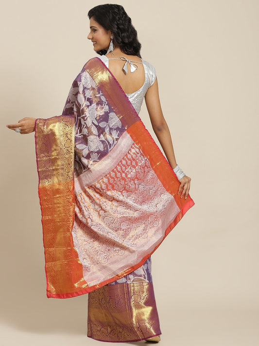 Hiral Fashion Purple Banarasi Tissue Silk Floral Zari Woven Saree | Swadesiicart