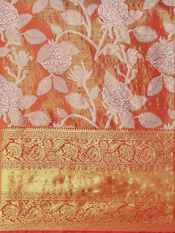 Red Pure Silk Embellished Floral Saree with Unstitched Blouse - Hiral Fashion | Swadesiicart